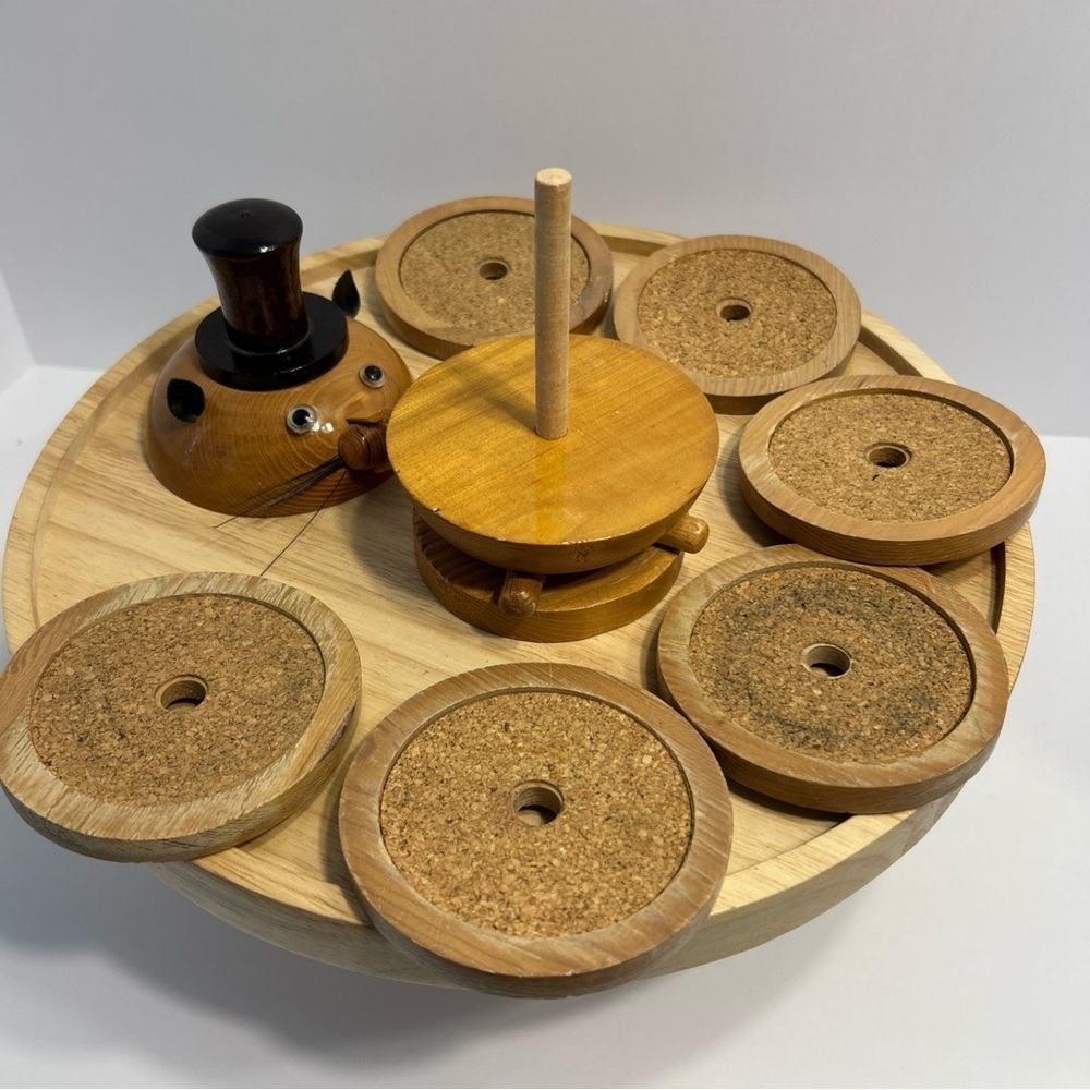 Vintage Mid Century Wooden Cat Mouse Cork Coaster Set Boling Style - Picture 9 of 10